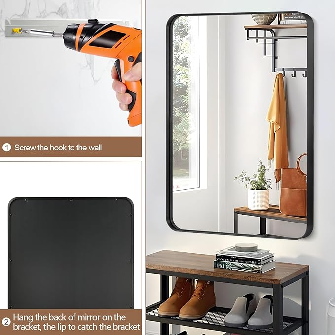 22x30 Inch Black Bathroom Mirror, Brushed Metal Framed Rectangle Mirror with Rounded Corner, Black Bathroom Vanity Mirror for Bedroom or Living Room, Horizontal/Vertical