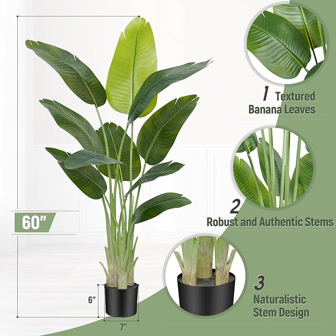 Lifelike Bird of Paradise Artificial Plant,5ft Faux Banana Leaf Tree with 10 Trunks - Perfect Indoor Silk Floor Plant for Home Decor in Living Room, Office, and Bedroom (Set of 2)