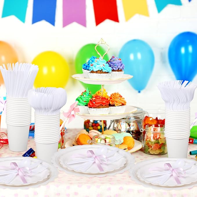 350 Pcs White Plates and Napkins, 50 Guest White Party Supplies Include Scalloped Paper Plates Napkins Cups Plastic Spoons Forks Knives Disposable Tableware Set for Weeding Bridal Baby Shower