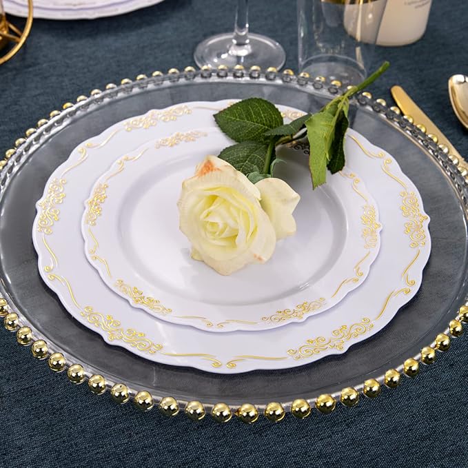 supernal 800pcs Gold Plastic Dinnerware Set,100pcs 10.25" Dinner Plates,100pcs 7.5" Dessert Plates,400 Gold Plastic Silverware,100 Cups,100 Napkins,100 Guest Tableware set
