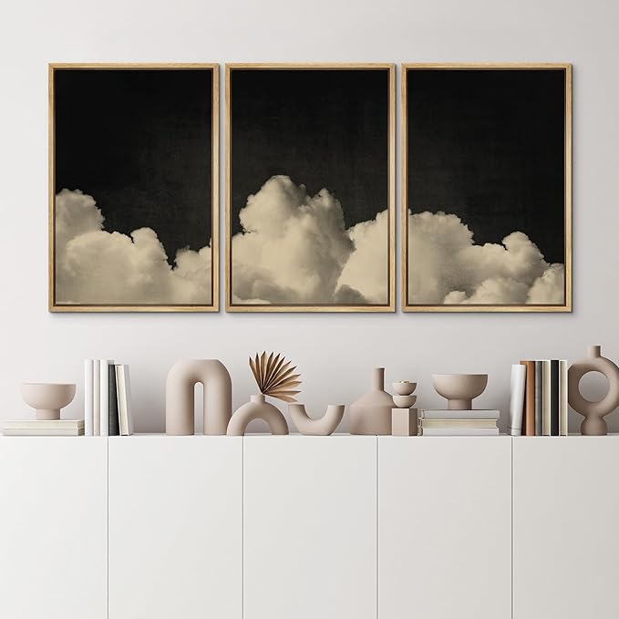 MUDECOR Framed Canvas Print Wall Art Dramatic Cloudscape Black and Beige Sky Illustrations Realism Decorative for Living Room, Bedroom, Office - 24"x36"x3 Natural