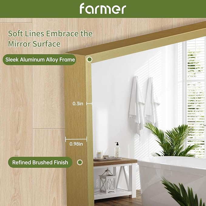 FARMER 24x36 Inch Gold Bathroom Mirror, Rectangle Wall Mounted Mirror, Vanity Mirror, Brushed Square Mirror, Framed Bathroom Mirror for Bedrooms, Entryways, Living Rooms, Horizontal/Vertical