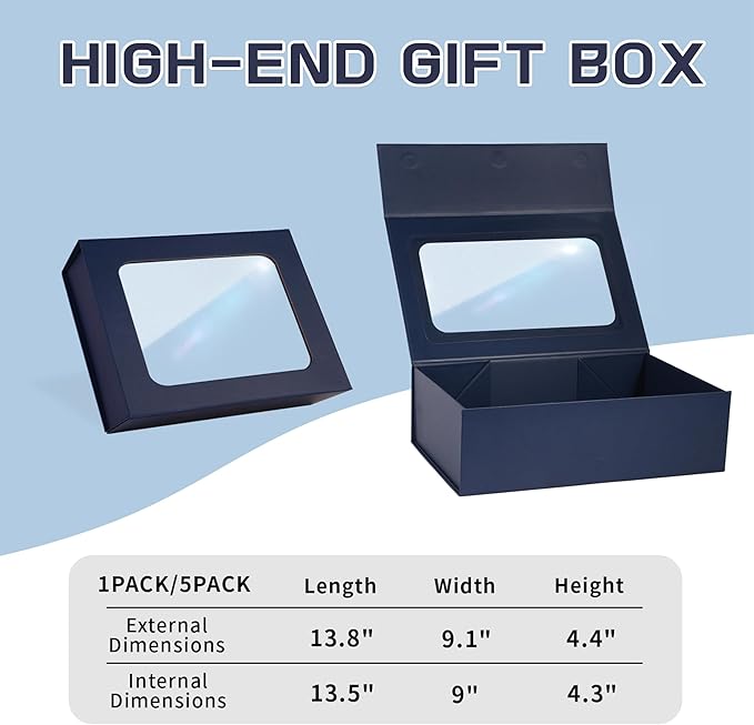 TIACABO Blue Large Gift Box with Window, 13.5"x9"x4.3" Bridesmaid Boxe for Gifts Giving,Birthday Gift Boxes with Magnetic,Closure Lid Gifts Box for Presents,Cute Boxe,Luxury for Gift Packaging