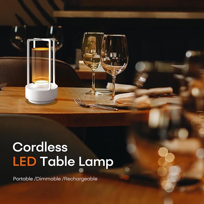Portable Metal Table Lamp for Indoor/Outdoor ,Rechargeable Cordless LED Lamp, 3-Colour Infinitely Dimming Battery Powered Small Desk Lamp, Restaurant/Bedroom/Bar/Coffee/Camping Light (White Set of 2)