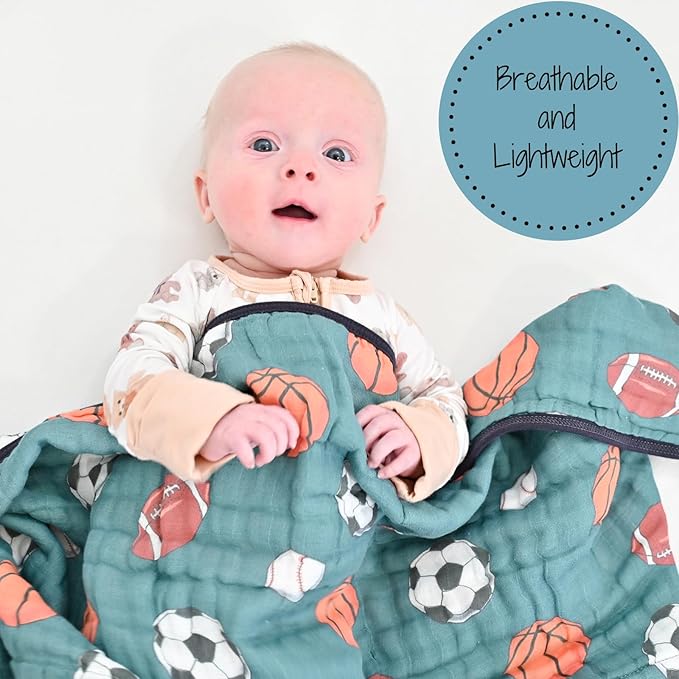LollyBanks Muslin Baby Blanket 100% Organic Cotton, Muslin Quilt Lightweight, 6 Layers Baby Blankets 47"x 47", Muslin Blanket for Boys, Nursery Receiving Blankets (Sports, Balls Print)