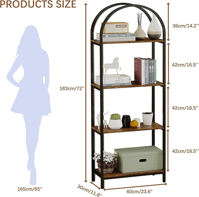Bookshelf Arched Bookcase, Industrial Curved Metal Book Shelves, 72" Tall Freestanding Open Storage Shelf Display Rack for Living Room Home Office, Rustic Brown, 4-Tier
