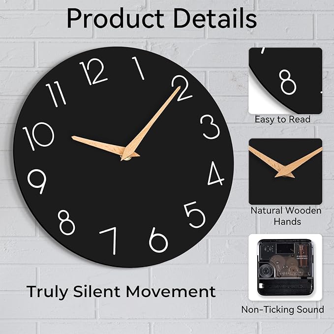 Wall Clock, 14 Inch Wooden Silent Non-Ticking, Decorative Battery Operated Wall Clocks for Bedroom, Kitchen, Home, Living Room, Office, School, Hotel (Black)