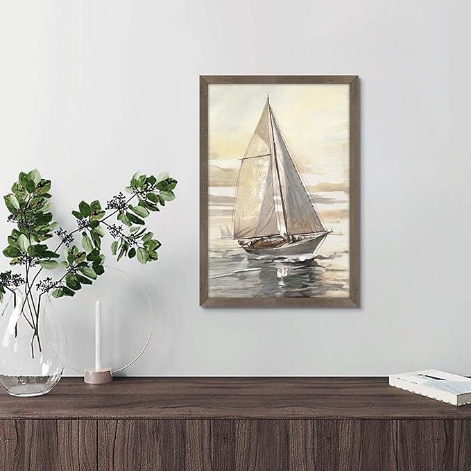 Seascape Sailing Framed Wall Art - Nautical Boat Painting Coastal Sailboat Artwork Sunset Ocean Picture Beach Prints Wooden Decor for Bathroom