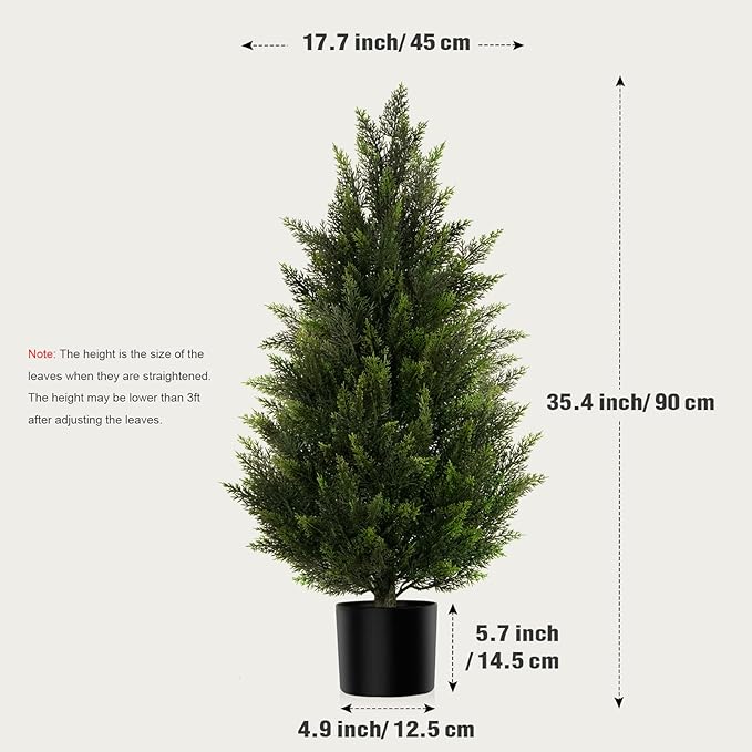 Artificial Topiary Cedar Trees 3FT Tall 2 Set, Outdoor Indoor Faux Pine Shrubs Plants, Realistic Fake Plants Front Porch Decor, Artificial Bushes Cypress for Home Front Door Offices