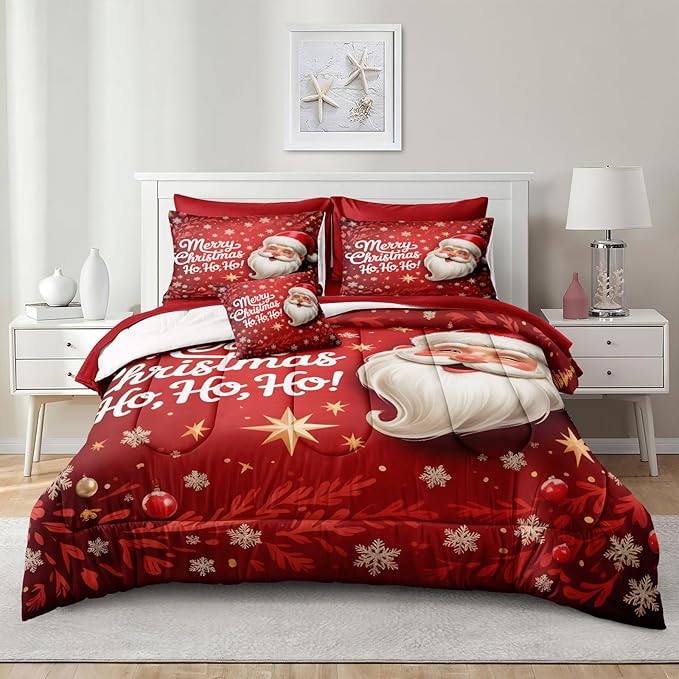 Santa Claus Comforter King Red Snowflake Bedding Set Leaf Stars Merry Christmas Bedroom Decor Happy Holiday Boys Girls Xmas Bed in A Bag
