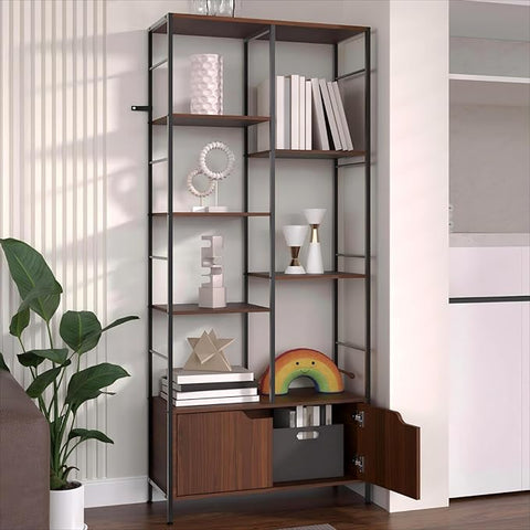 Bookshelf with Doors, 6-Tier Shelf with Storage Cabinet, 67" Tall Open Bookcase for Display, Industrial Retro Bookcase, Freestanding Storage Organizer Bookshelf for Living Room, Brown