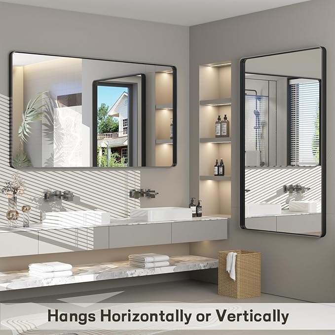 55x30 Inch Black Framed Bathroom Mirror for Wall, Large Matte Metal Framed Wall Mirror, Black Rectangle Bathroom Vanity Mirror, Anti-Rust, Shatterproof (Horizontal/Vertical)