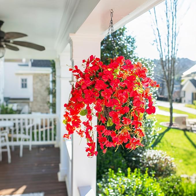 Ivydale Artificial Faux Hanging Flowers Plant Baskets for Outdoors Decoration, Fake Hibiscus UV Resistance Realistic Silk Flower for Outside Home Patio Porch Balcony Garden Wedding, Red