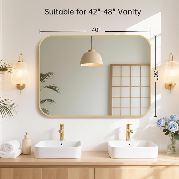 40x30 Inch Gold Bathroom Mirror, Brushed Brass Gold Metal Framed Rectangular Mirror with Rounded Corner, Bathroom Vanity Mirror for Bedroom or Living Room, Horizontal/Vertical