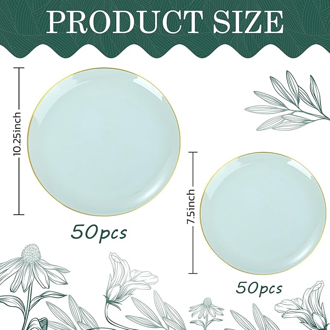 PULOTE 100PCS Sage Green Plastic Plates - Disposable Sage Green Include 50 Dinner / 50 Dessert Plates for Party, Wedding&Easter