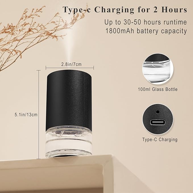 Essential Oil Diffuser, Waterless Scent Diffusers for Home, 100ml Capacity Atomizing Humidifier, Rechargeable Air Freshener Machine with 7-Color Ambient Light for Bathroom Car Office (Black)