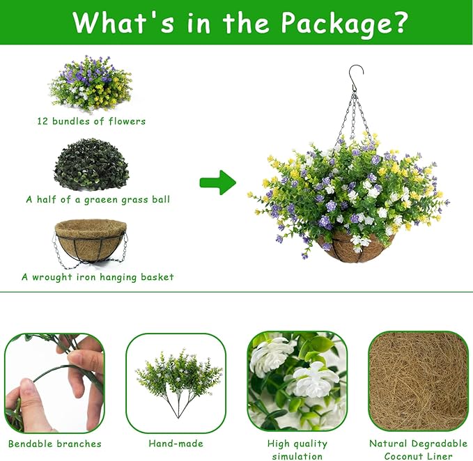 Artificial Hanging Flowers Basket, 12 UV-Resistant Bundles of Realistic Fake Flowers, Faux Plants for Outdoor Decor, Home, Garden, Porch, Patio, Spring & Summer Decorations, Yellow Purple White