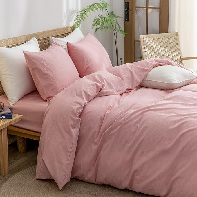 BESTOUCH Duvet Cover Set 100% Washed Cotton Linen Feel Super Soft Comfortable Chic Lightweight 2 PCs Home Bedding Set Solid Red Pink Twin/Twin XL