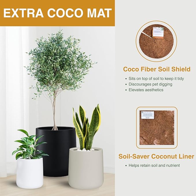 13" H x 12.6" D Conico Fiberstone Round Planter with Drainage Hole, Smooth Finishes, Weather Resistant for Indoor and Outdoor Use, Included 2 Extra Coco Mats (Taupe, 10" Pot Opening)