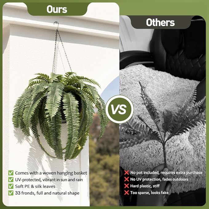 48" Artificial Boston Fern Hanging Plants with Basket - UV Resistant Fake Plant for Outdoor Indoor - Large Realistic Faux Greenery for Front Porch, Front Door, Patio Decor, Set of 2, VN142