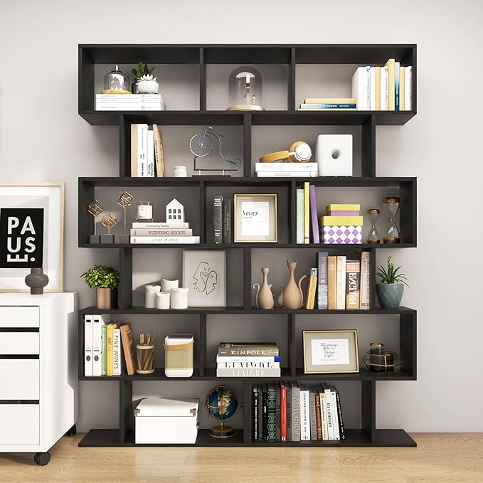 Tangkula 6-Tier Geometric Bookcase, Modern S-Shaped Storage Display Bookshelf for Living Room, Anti-Toppling Device, Home Office Wooden 6 Shelf Open Bookcase (2, Black)