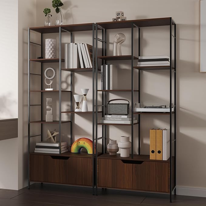 Bookshelf with Doors, 6-Tier Shelf with Storage Cabinet, 67" Tall Open Bookcase for Display, Industrial Retro Bookcase, Freestanding Storage Organizer Bookshelf for Living Room, Brown