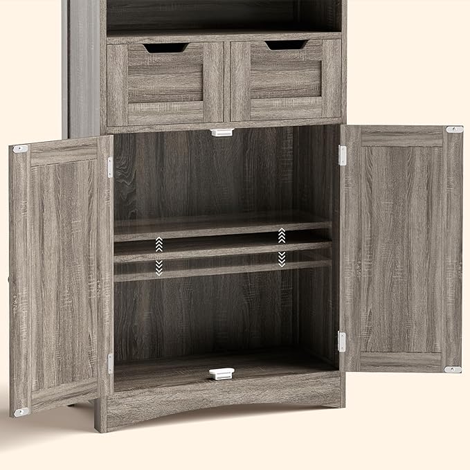 Gizoon Storage Cabinet, Bathroom Cabinet with 2 Drawers and Adjustable Shelves, Freestanding Storage Organizer with Doors for Bathroom, Living Room, Kitchen, Home Office, Hallway