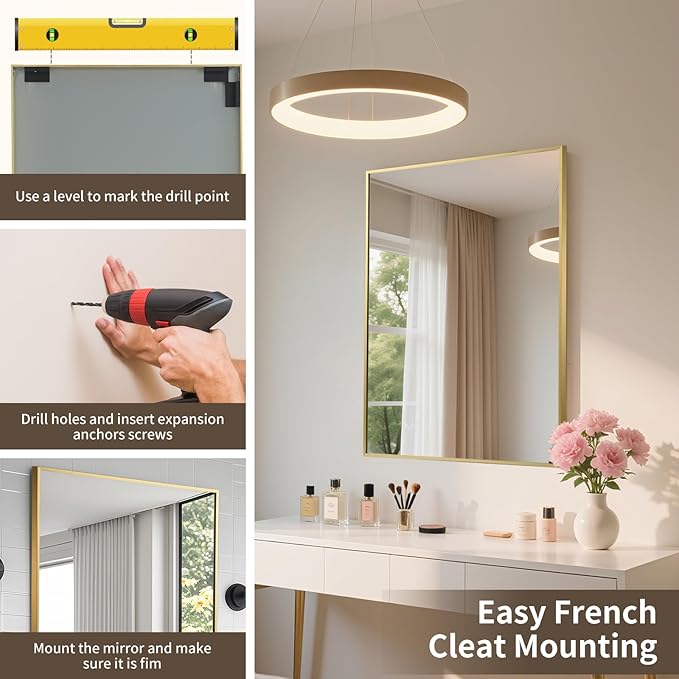 Brushed Gold Mirror, 24x36 Inch Aluminum Framed Rectangle Mirror, Anti-Rust, Tempered Glass, Square Corner Wall Mirror for Over Sink, Vanity, Bedroom, Entryway, Horizontal/Vertical