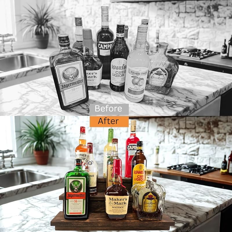 Handmade Liquor Bottle Display Shelf, Bar Display, Kitchen Counter Shelf, Crafted in USA with Premium Quality Wood, Rustic Espresso Finish (3 Tier, 20 inches)