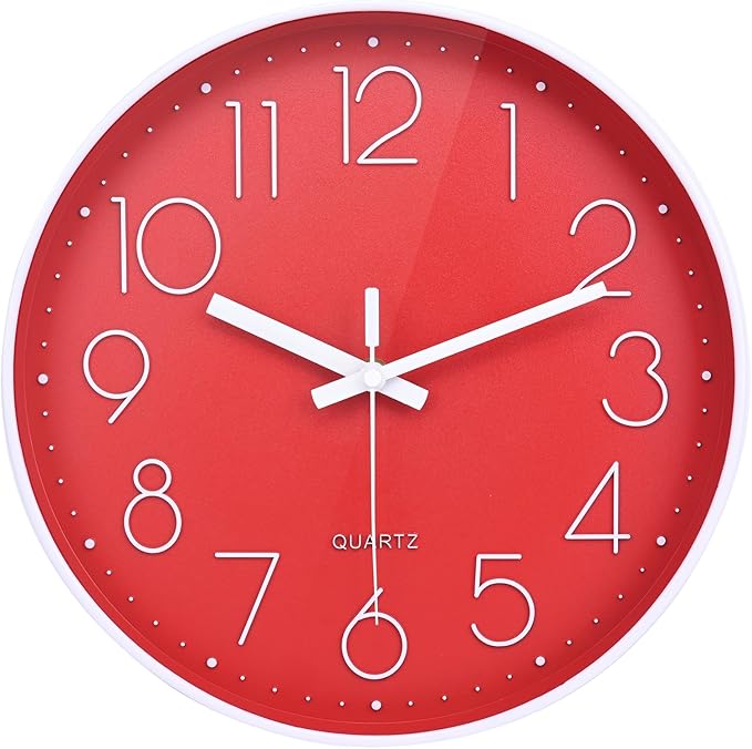 Wall Clock 12 Inch Silent Non-Ticking Battery Operated Modern Wall Clock for Home Living Room Decor (Red)