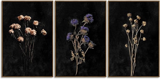 SAFERRYHOME Moody Dark Floral Wall Art Set of 3 - Vintage Black Botanical Canvas Prints Framed Dried Wildflower Artwork, Modern Dark Academia Decor for Living Room, Bedroom & Office - 16x24 Inch Framed