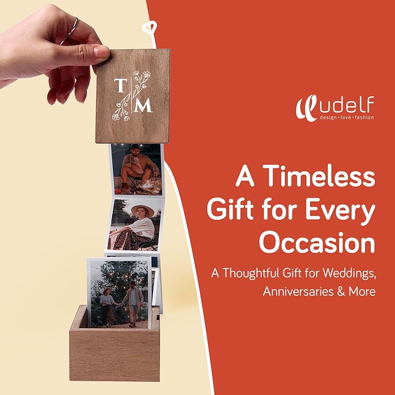 Personalized Wooden Photo Box Gift with Initials-Picture Box Gift, Wedding Keepsake Box, Anniversary Box-Custom Gifts- Romantic Gift Photo Memory Storage Box-10 Pull Out Photo, 3"x2"(Initial-Vertical)