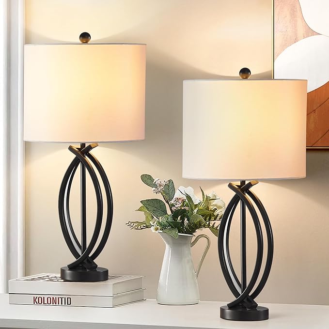 26" Industrial Table Lamps Set of 2, 3-Way Dimmable Farmhouse Nightstand Lamps Black Metal Bedside Lamps with White Shade for Living Room Bedroom, End Table Desk Lamp for Home Office