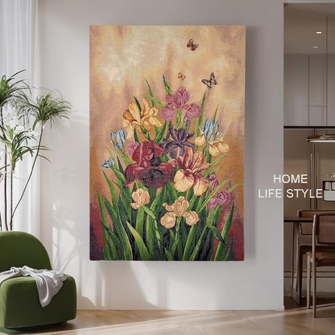 Vintage Floral Tapestry Wall Hanging Set with Telescopic Rod & Tassels - Jacquard Woven Fabric Aesthetic Flower Wall Tapestries for Bedroom/Living Room Decor Spring Botanical Art (27"x42") (Multicolored: Iris Bouquet-Finished Edges)