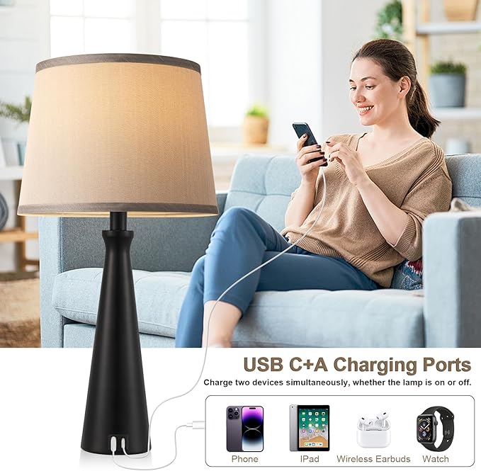 Seealle Modern Table Lamps Set of 2 - Touch Bedside Lamp for Nightstand with USB C+A,3-Way Dimmable Black Nightstand Lamps for Living Room Bedroom End Table with Grey Shade(Bulb Included)