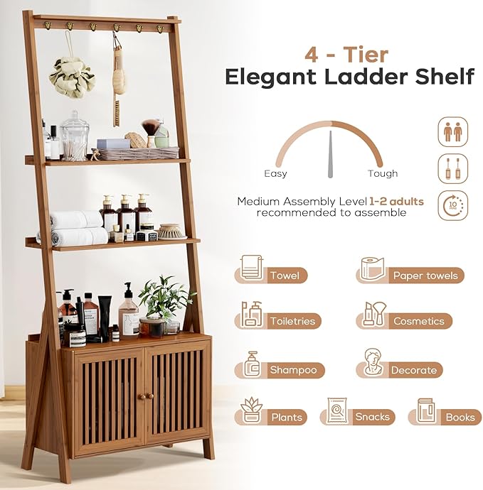 Bookcase with Drawers, 4-Tier Bamboo Bookshelf Ladder Shelf with 6 Hooks, Tall Narrow Retro Book Shelf, 24.8"L x 10.6"W x 59.5"H, Standing Storage Organizer for Living Room, Office, Bedroom, Walnut