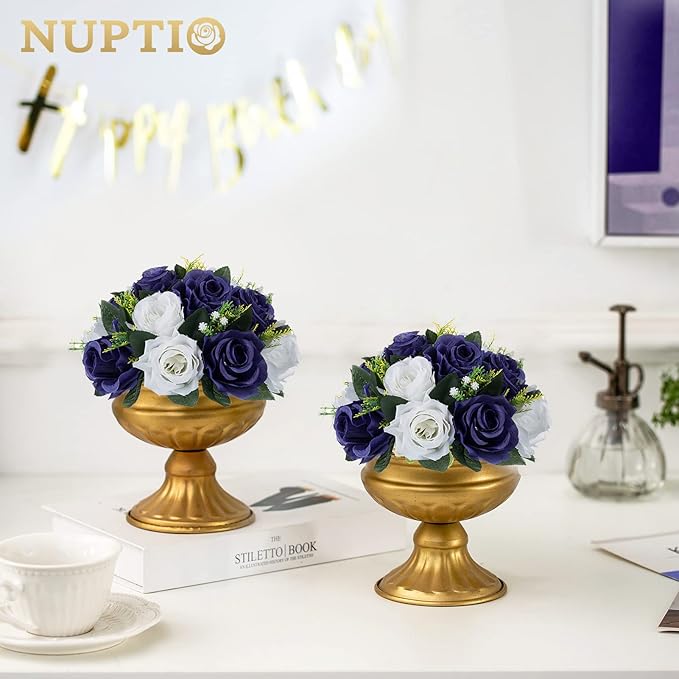 NUPTIO Artificial Flower Centrepieces for Tables - 10 Pcs Navy Blue & White Fake Flowers Roses Balls 9.5in Diameter - Silk Faux Rose Arrangement for Wedding Party Centerpiece Table Decorations