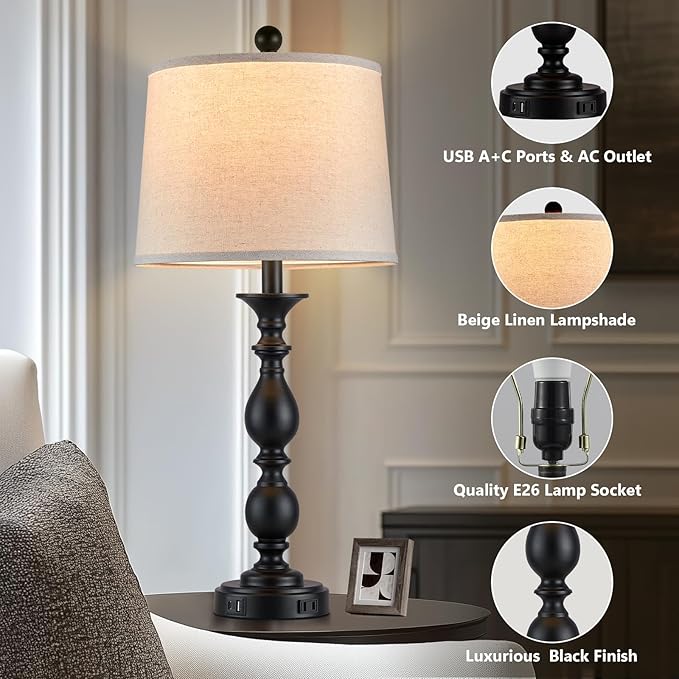28" Tall Modern Table Lamps Set of 2 with USB C+A Ports and AC Outlet, 3 Way Touch Metal Bedside Lamps for Living Room, Black Farmhouse Nightstand Lamps for Bedroom