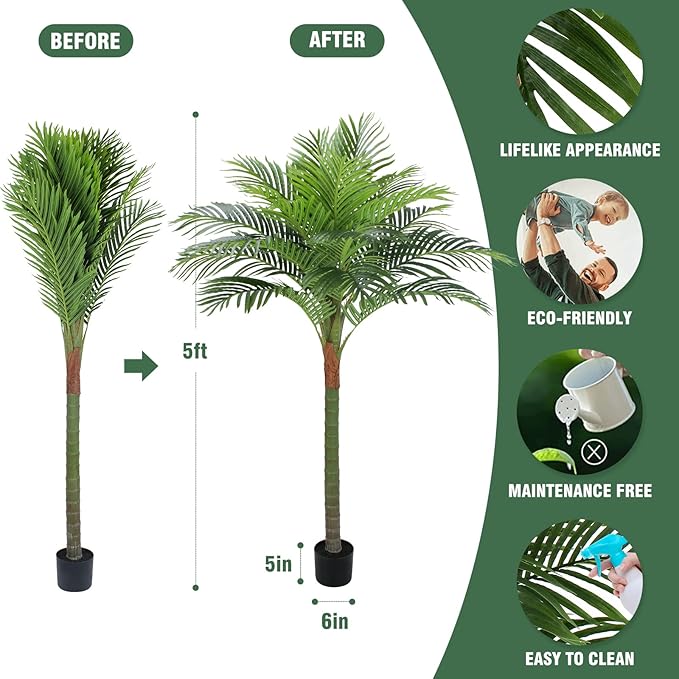 Palm Tree Artificial Tropical Plant 5FT Tall Faux Plants Indoor Fake Floor Plants Decorative Palm Tree Large Office Plant Artificial Palm Trees for Home House Decor
