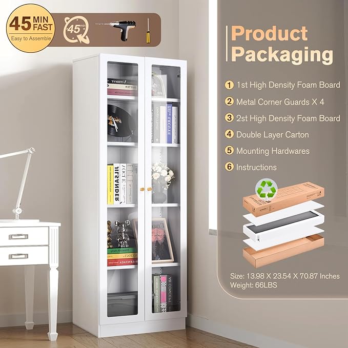 5 Tier Metal Curio Cabinets,Modern Bookcase with Acrylic Door and 4 Adjustable Shelves, 70.87 Inch Tall Storage Cabinet Display Case, Dust Proof Display Cabinet for Home Office, Living Room