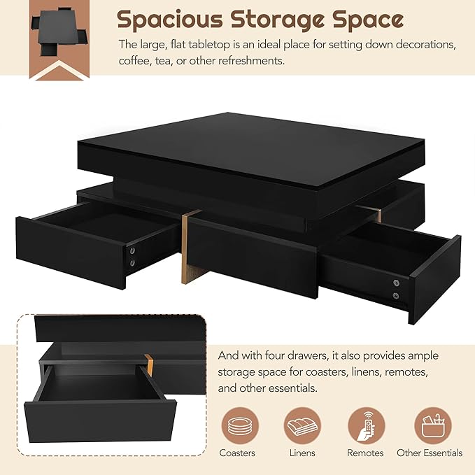 Modern Coffee Table with Storage, Contemporary Square Coffee Table with Drawers, High Gloss Modern Center Table for Living Room, Reception Room, Office, Black, 31" D X 31" W X 11" H