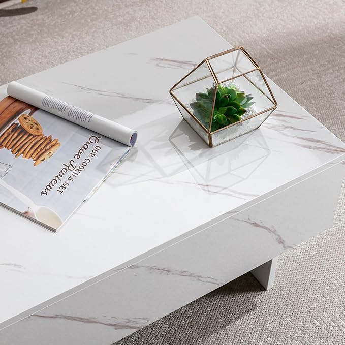 COSVALVE 41" Marble White Cool Coffee Table for Living Room,Rectangular Glossy Smart Contemporary Center Table for Waiting Area,White