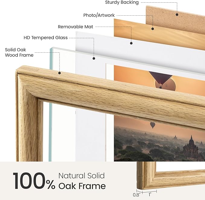 8"x10" Oak Wood Picture Frame, 8x10 Photo Frame with Tempered Glass, USA-Sourced Natural Oak Picture Frames Matted to 5x7 Photos Tabletop or Wall Mount Display, Wall Art Photo and Prints, 1 Pack
