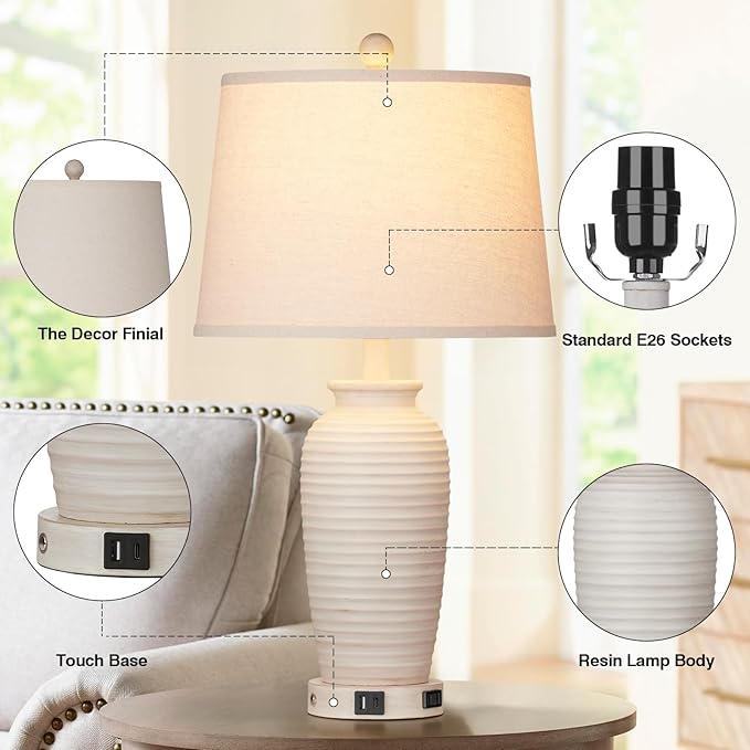 25" Farmhouse Jar Table Lamps, 3 Way Touch Control Rustic Bedside Lamps with USB A+C Ports & AC Outlet, Pot Nightstand Lamps for Bedroom Living Room (LED Bulbs Included)
