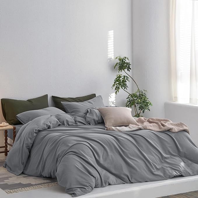 MooMee Queen Duvet Cover Set, 100% Washed Cotton Linen Like Twill Thick Sturdy Material Super Soft Breathable Durable Bedding for All Season, 3 Pieces (Polar Grey, Queen 90"x90")