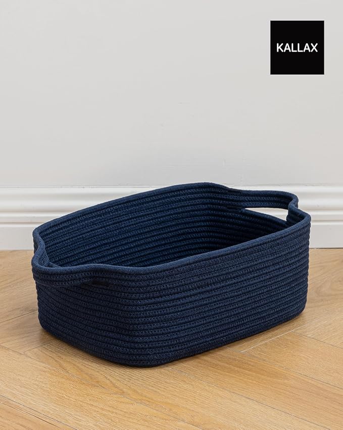KALLAX Small Woven Basket, 14 x 10 x 5.6 Inches, Small Storage Baskets for Organizing, Gift Baskets Empty, Cute Rope Shelf Closet Storage Bins for Shelves, Dog Toy Basket, Navy Blue