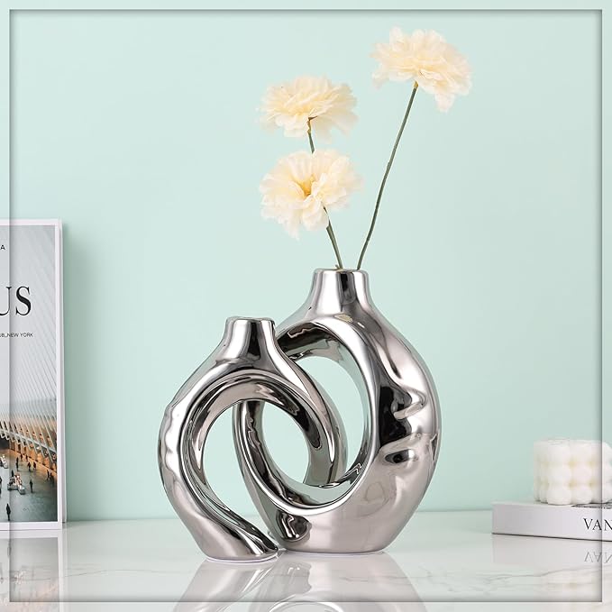 Silver Home Decor Ceramic Vase, Round Vase with Holes Set of 2, Suitable for Wedding Entrance Decoration, Bookshelf, Mantel, Unique Home Decor (Silver)