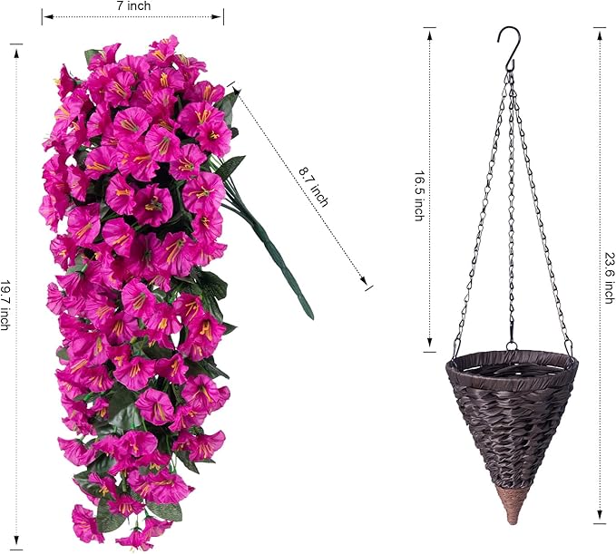 Artificial Fake Hanging Flowers Plants Basket for Outdoor Winter Summer Decoration, Faux Silk UV Resistant Look Real Fuchsia Morning Glory Long Stems in Planter for Outside Porch Patio Balcony Home
