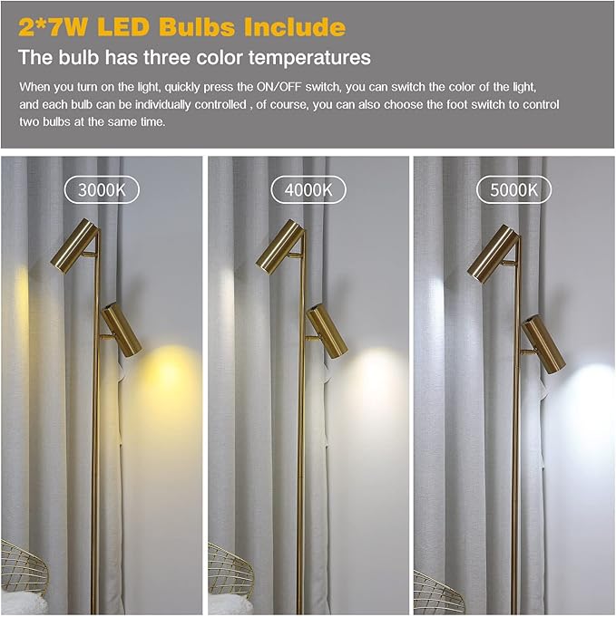 Hsyile Lighting KU300211 Cozy Elegant Modern Creative Bedroom & Living Room Floor Lamp,Tall Pole Uplight for Office - Brass Finish - Adjustable Tree Floor Lamp with 2 Lights