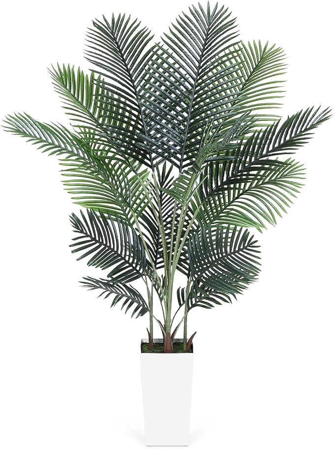 Artificial Areca Palm Tree 6FT Fake Potted Plant Faux Silk Tropical Areca Palm Real Bark Design, Large Artificial Plant in Tall White Pot for Home Living Room House Warming Floor Decor